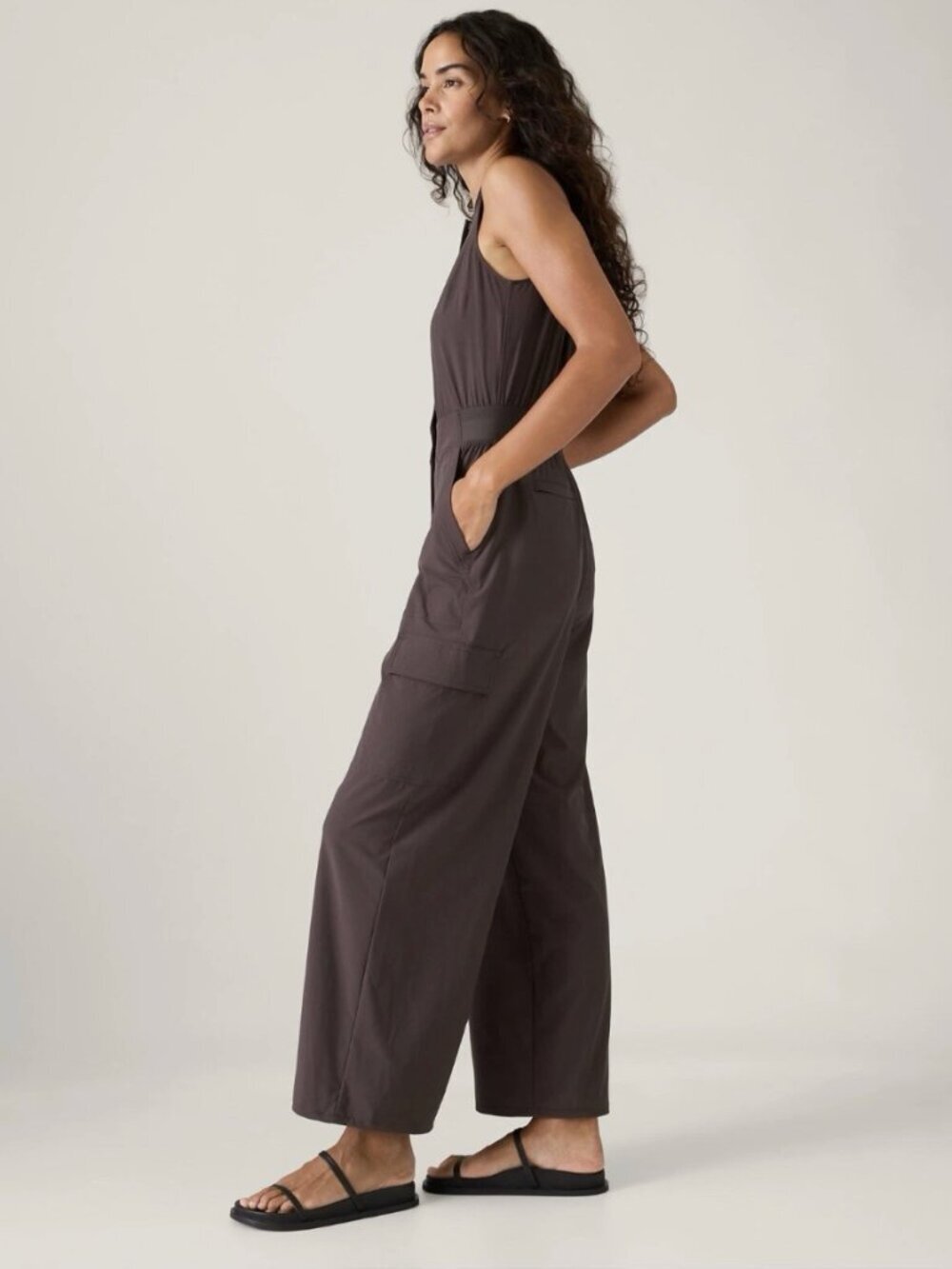 Athleta Brooklyn Sleeveless Front Zip Cargo Pant Utility Jumpsuit Romper Brown 8 - Picture 15 of 15